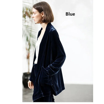 Mulberry Silk Velvet Lady Coat Blue Cardigan Lace-up Top Temperament Generous Business Leisure Outdoor Travel Spring and Autumn