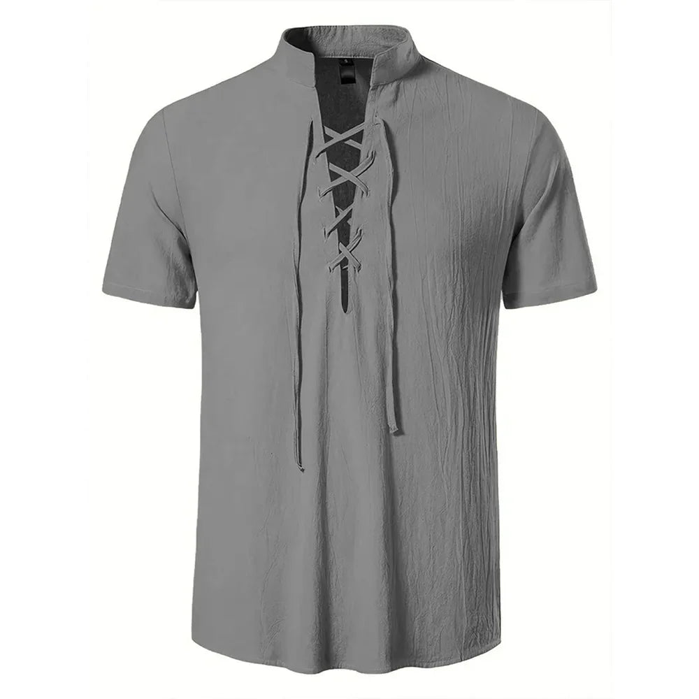 Men's Retro Shirt Short Sleeve Cotton Linen Lightweight Breathable Solid Color Fashion Tops Pirate V-neck Male Stylish Shirts