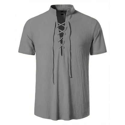 Men's Retro Shirt Short Sleeve Cotton Linen Lightweight Breathable Solid Color Fashion Tops Pirate V-neck Male Stylish Shirts
