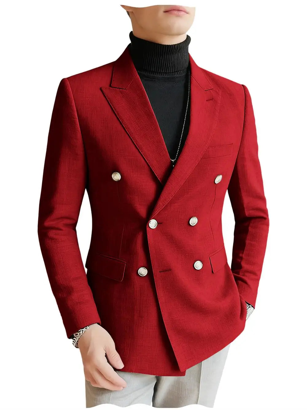 Men's Linen Blazer Double Breasted Slim Fit Breathable Suit Jacket Business Casual Gentlemen Coat Formal Wedding Party Dress