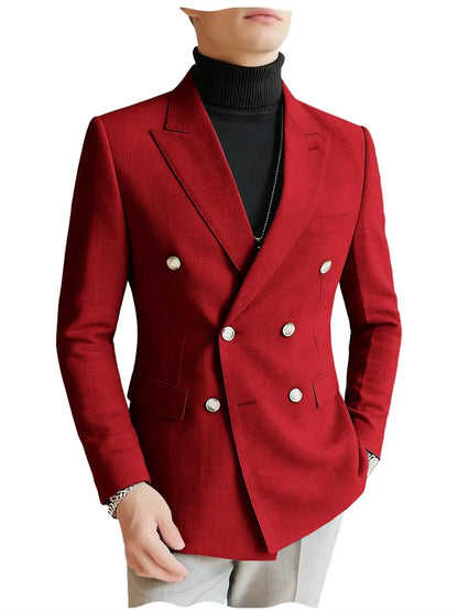 Men's Linen Blazer Double Breasted Slim Fit Breathable Suit Jacket Business Casual Gentlemen Coat Formal Wedding Party Dress