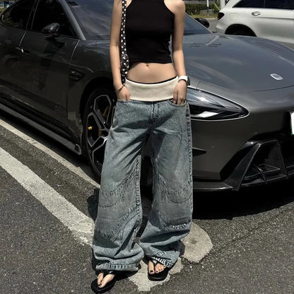 Women Vintage Blue Thread Elastic Waist Baggy Jeans American Retro Washed Denim Pants Streetwear Casual Mom Bf Trousers