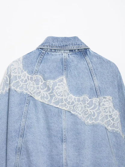 Willshela Women Fashion Denim Lace Patchwork Single Breasted Jackets Vintage Lapel Neck Long Sleeves Female Chic Lady Outfits