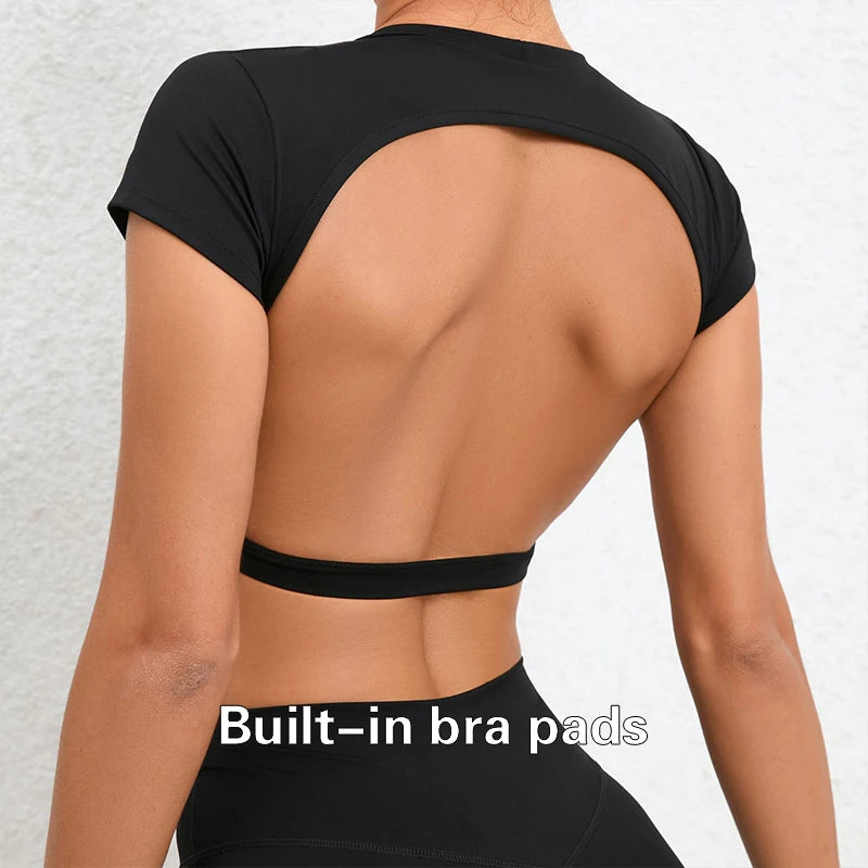Hearuisavy Summer Sports Shirts Breathable Workout Tops Fitness Sportswear Backless Yoga Clothing Sport Crop Tops Women Gym Top