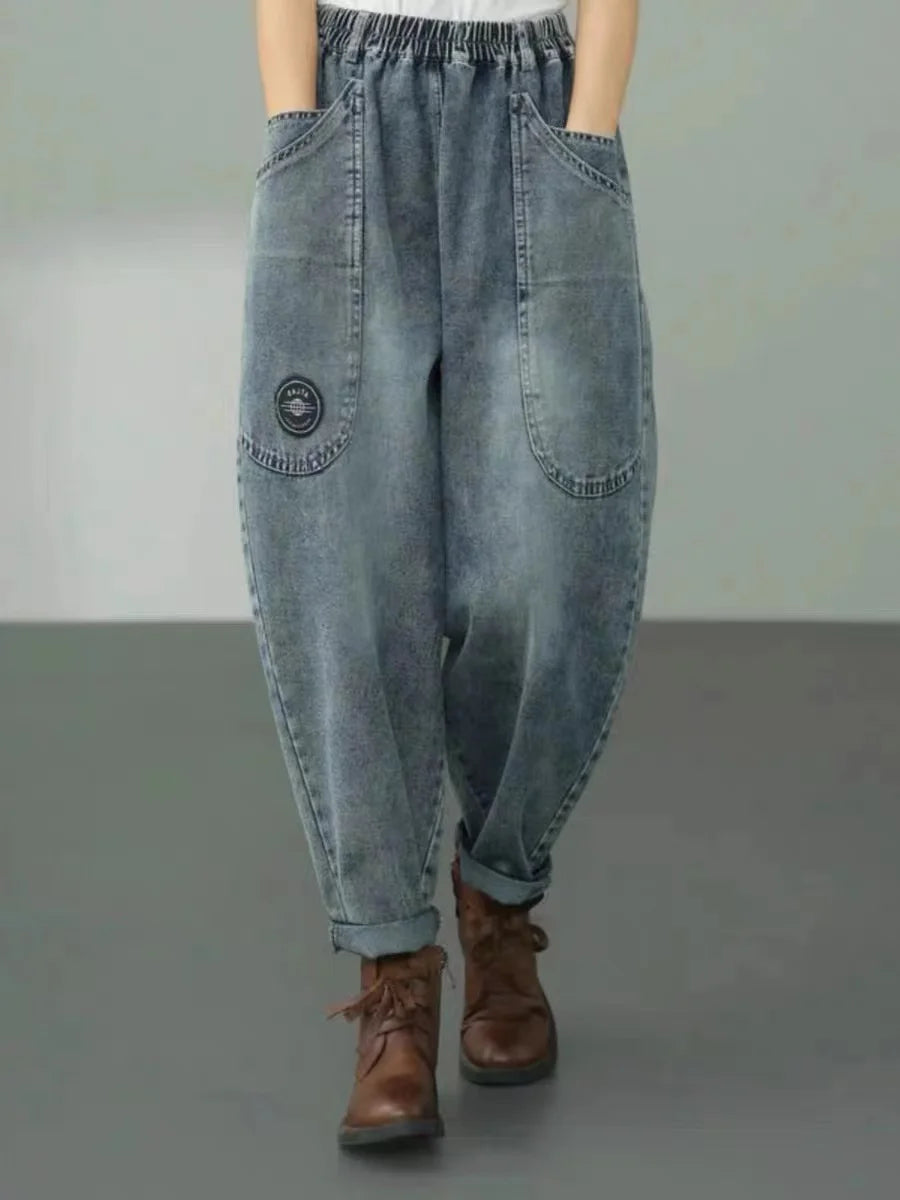 Spring Autumn New Women's Jeans Elastic Waist Loose Fit Slimming Casual