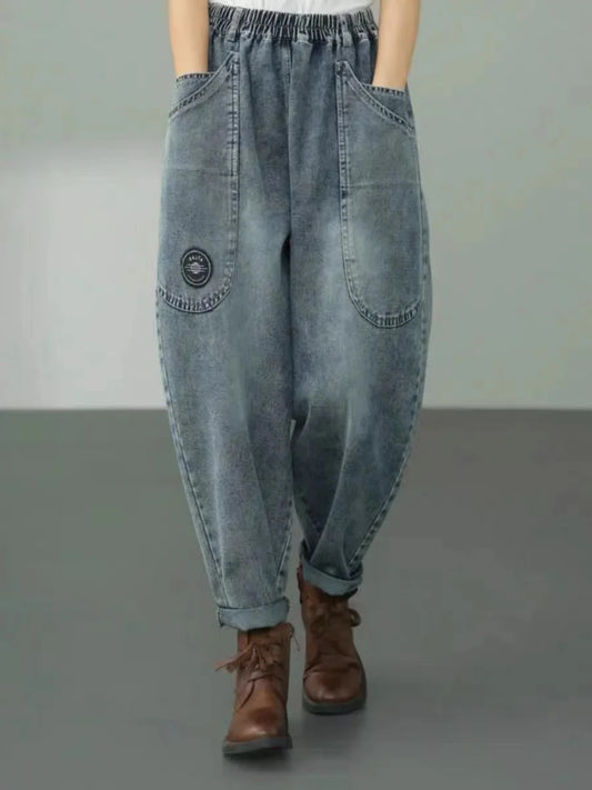 Spring Autumn New Women's Jeans Elastic Waist Loose Fit Slimming Casual