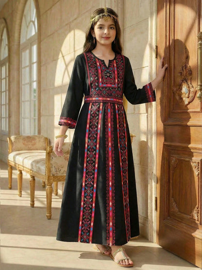 Black Embroidered Maxi Dress With Geometric Pattern, A-Line Long Sleeve, Bohemian Style