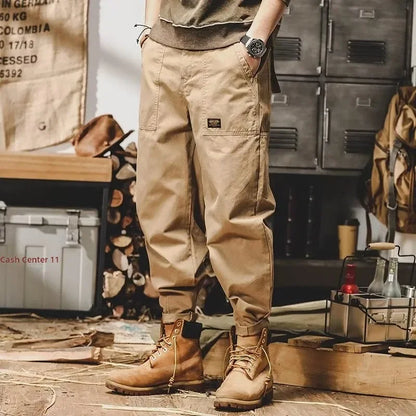 Autumn Summer Wide Leg Cotton Work Trousers Men's Cone Straight Loose Wear Resistant Pocket Pants Retro Wash Casual Workwear