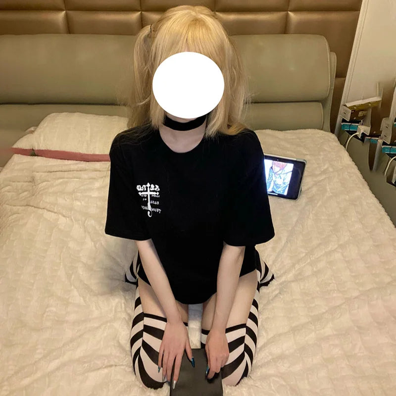 Anime  Cosplay Costume Adult Women T-shirt Knee Over Striped Socks Y2k Casual Top Halloween Outfits