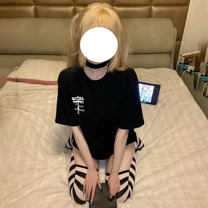Anime  Cosplay Costume Adult Women T-shirt Knee Over Striped Socks Y2k Casual Top Halloween Outfits