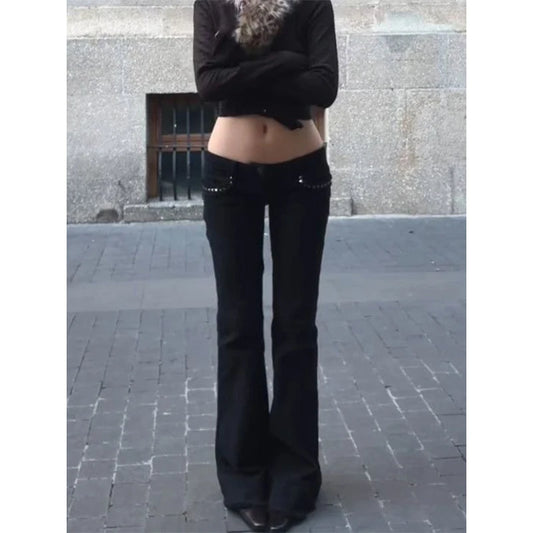 Women's Low Rise Jeans Black Flared Denim Pants Gyaru American Retro Korean Cyber Punk Trumpet Jeans Y2k Skinny Bell Bottom New