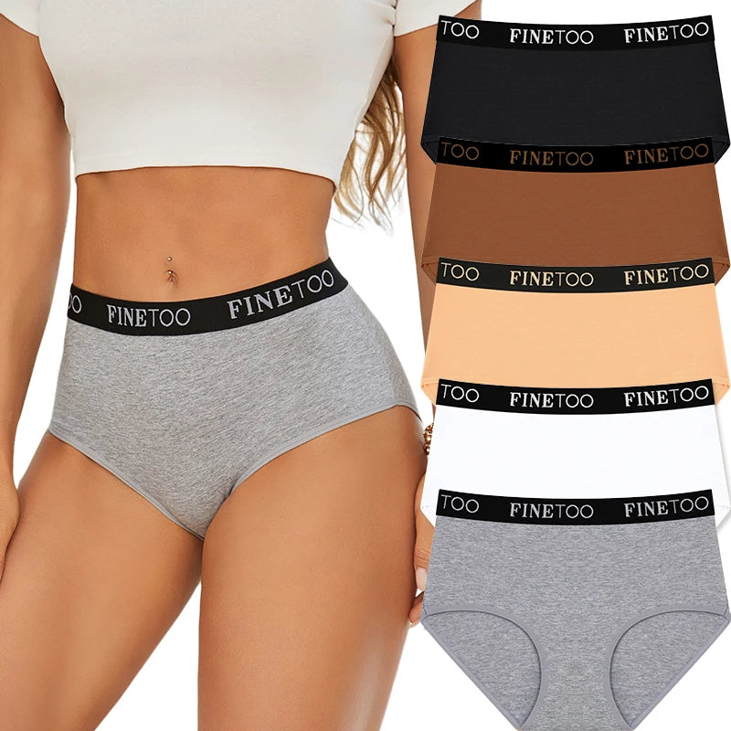FINETOO 5Pcs Cotton Women Panties High Waist Breathable Soft Ladies Underwear Elastic Waistband Briefs S-XXL Comfortable Briefs
