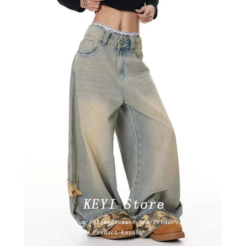 American Retro Y2K Style Star Patchwork Baggy Women's Jeans Pants  Clothing Washed Blue Wide Leg Loose Denim Trousers