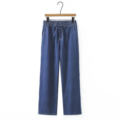 Summer 100KG Plus Size Thin Wide Leg Jeans Casual Premium Drawstring Elastic Waist Lyocell Denim Straight Pants For Women 9365