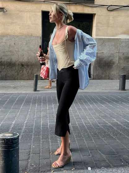 Black Capris Slight Flare Pants Women Y2k Clothes Slim Fit Trousers Pantalones De Mujer Zipper Roupa Feminino Streetwear