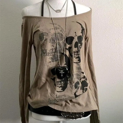 Street Hottie Grunge Harajuku Skull Printed Vintage T-shirts Women Y2k Aesthetics Bodycon Casual Tees Off Shoulder Punk Tops