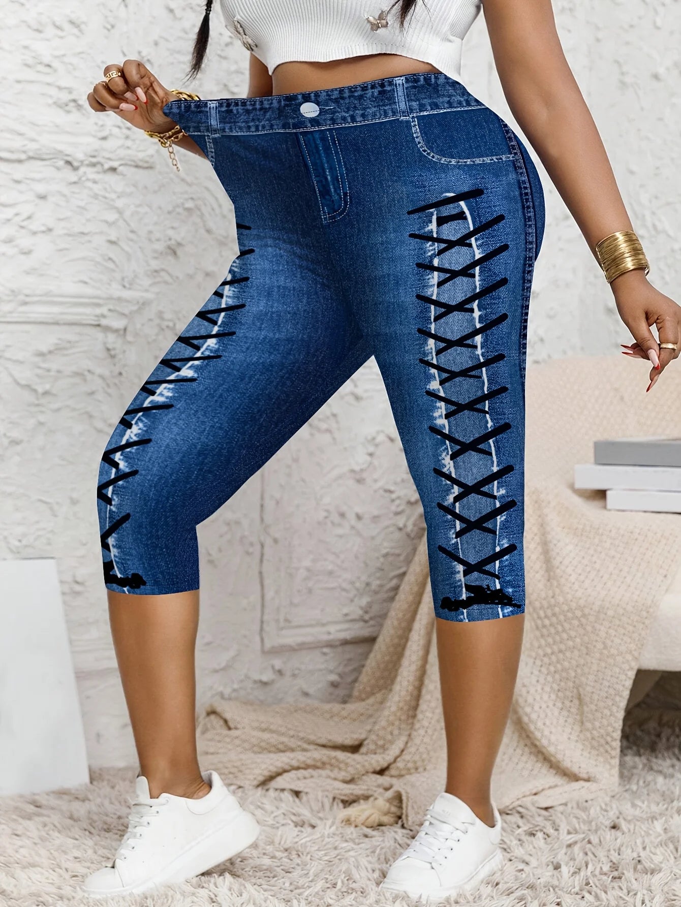 Plus Size High Waist Biker Shorts, 3-Button Tummy Control Yoga Shorts, Faux Denim Jean Look Compression Cycling Shorts