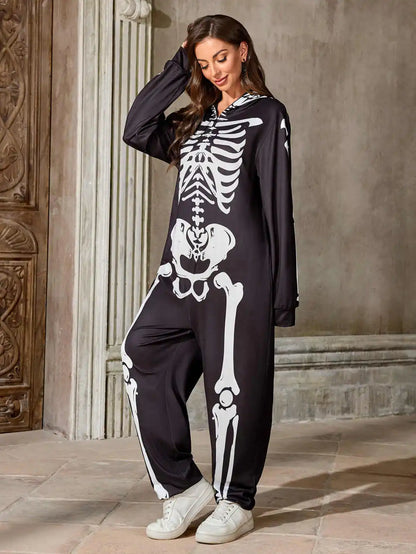 Women Skeleton Halloween Costume Hooded Jumpsuit Full Bone Print Zipper Onesie Cosplay Party Fancy Dress Outfit