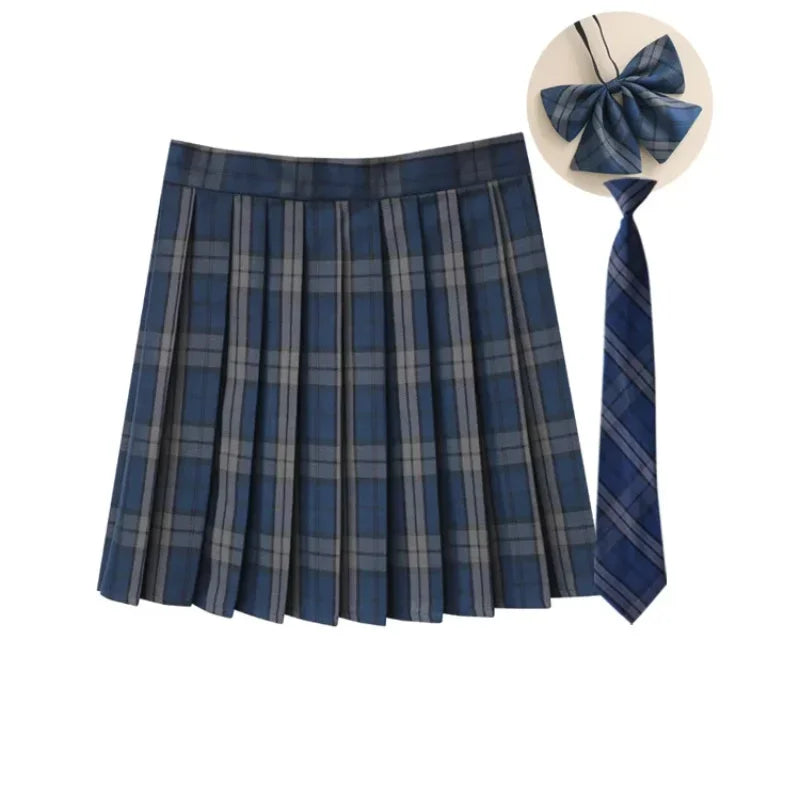 Women Summer Plaid Pleated Skirt With Necktie Bowtie Korean Jk Skirt Uniform Japanese School Preppy A Line Mini Skirts
