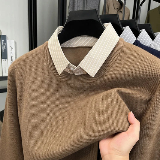 Men's 500g Wool-Blend Knit Sweater - Camel Fake Layered Collar (Black/Navy/Light Gray) Vintage Business Casual Style