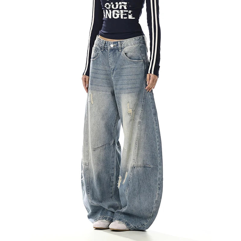 Women Ripped Jean American Retro Denim Blue Pants Y2k Design High Street Wide Fit Cowboy