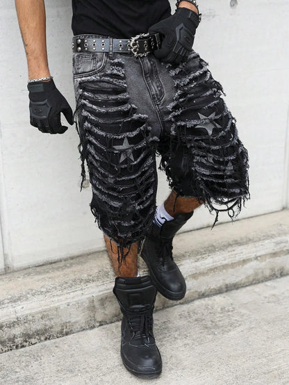 Men's Gothic Vintage Aesthetic Black Washed Ripped Denim Shorts, Summer Trendy Loose Raw Edge Fringed Five-Point Pants