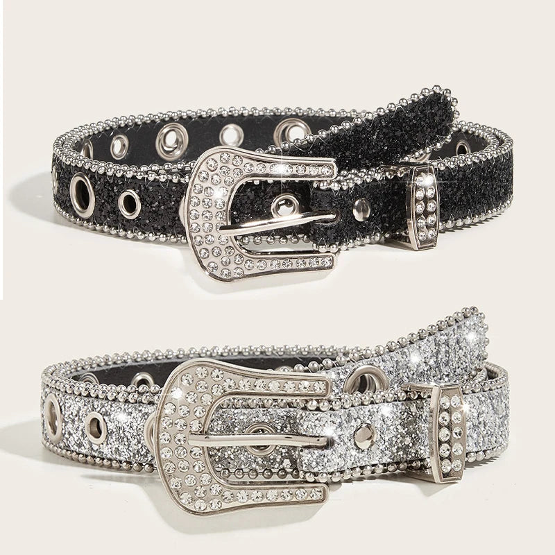 Gothic Black Silver Metal Buckle Rhinestone Belt Luxury Desiner Four Seasons Y2K Womens Jeans Belt Plus Size Men's Waistband