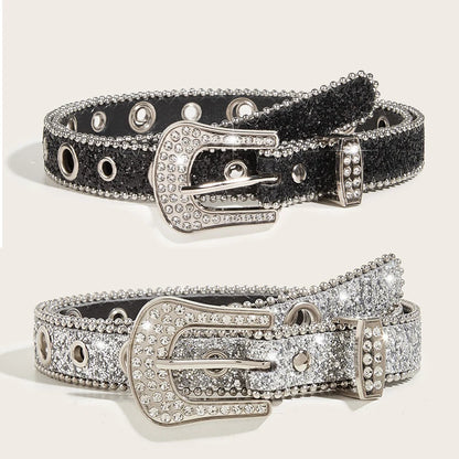 Gothic Black Silver Metal Buckle Rhinestone Belt Luxury Desiner Four Seasons Y2K Womens Jeans Belt Plus Size Men's Waistband