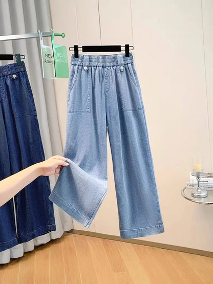 Women Plus Size Lightweight Lyocell Straight Jeans Casual Wide Leg Ninth Pants For Curvy Ladies 0266