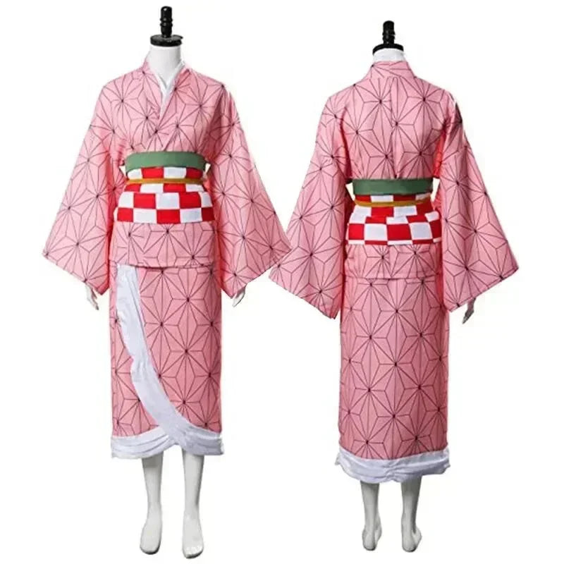 Anime Nezuko Cosplay Kamado Nezuko Cosplay Costume Nezuko Wig Uniform with Props for Adult