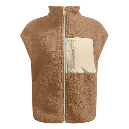 Women's Fleece Vests Sleeveless Jackets Casual Warm Cardigan Sweatshirts With Front Zipper Pockets Stand Collar Simple Outerwear