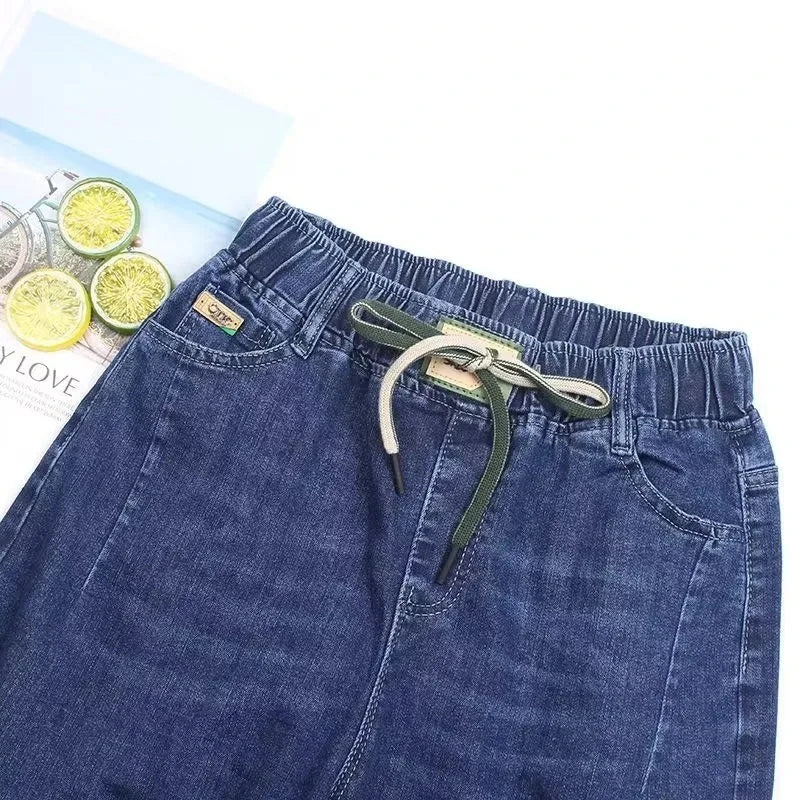 Women's Jeans Streetwear 2025 Spring Autumn New Elastic high waisted Harun pants Female Pocket Casual Denim Nine points Pants