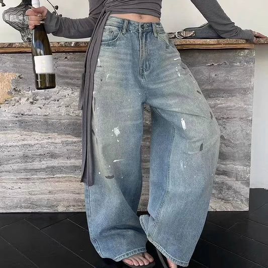 Women Designer High Waisted Jeans Pants Female Chic Print Baggy Denim Pants Girls Fashion Thin Straight Leg Jeans Trousers