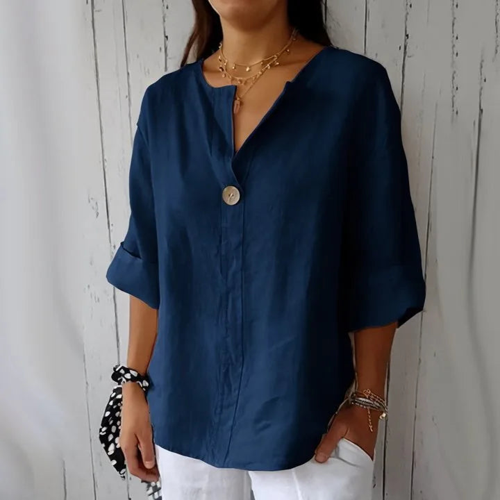 VEITCHE Spring Summer Women's Shirt Blouses Top V-neck Button Tee Shirts  3/4 Sleeve Casual Cotton Linen Top Loose Fit Pullover