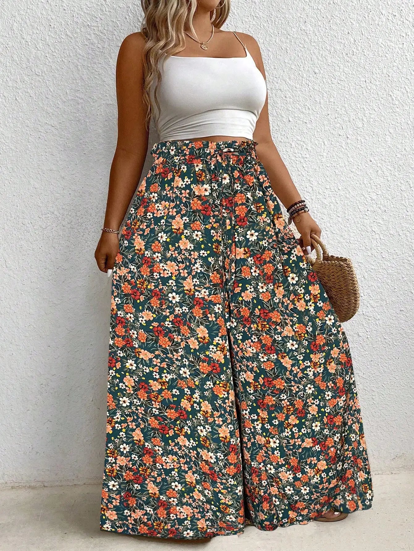 Plus Size Women's Clothing Loose Comfortable Casual Style Summer Printed Long Pants Elastic Waist Drawstring