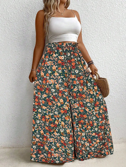 Plus Size Women's Clothing Loose Comfortable Casual Style Summer Printed Long Pants Elastic Waist Drawstring