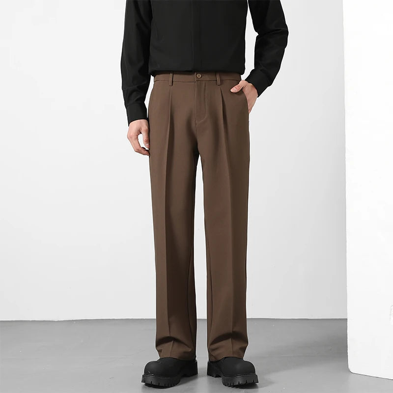 2025 Men's Loose Suit Pants Classic Straight Solid Color Drape Elastic Business Office Worker Casual Trousers Brown Khaki Gray