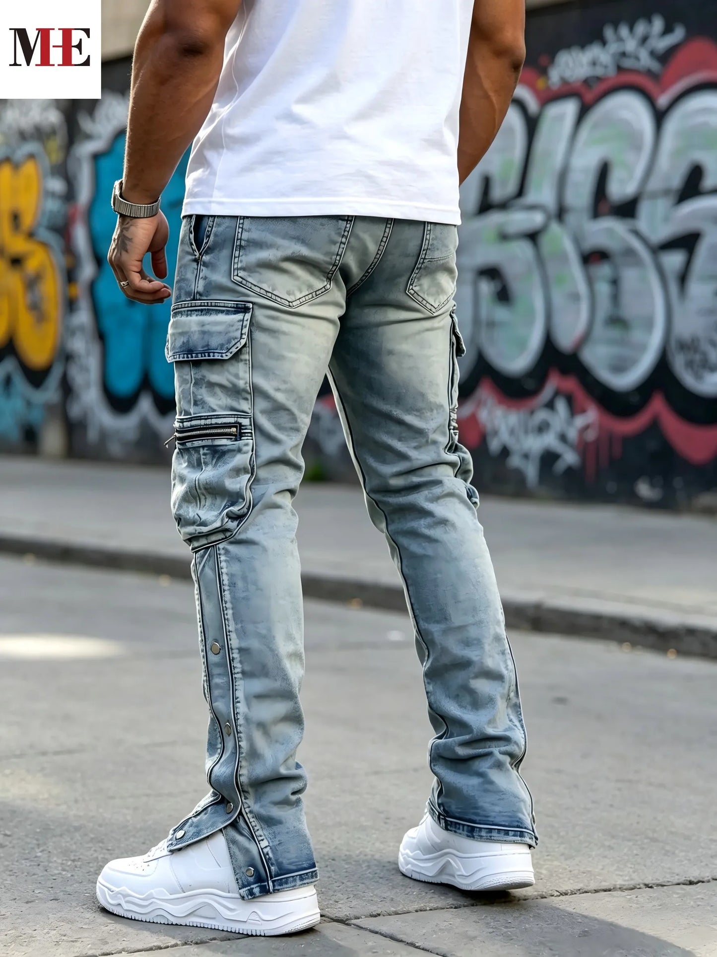 HME Men's Flared Denim Pants, Light Blue Vintage Jeans with Rips & Zipper Hem for Casual Style
