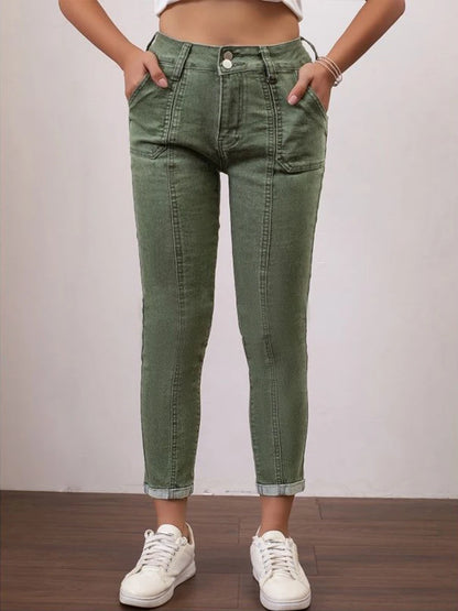 Women's Stretch Jeans High-Waisted Army Green Skinny Cuffed Hem Pants Splicing Design Autumn Casual Outdoor Trousers