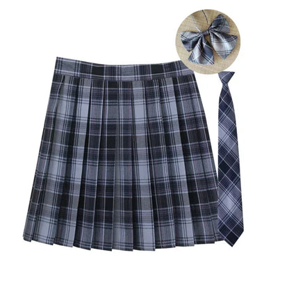 Women Summer Plaid Pleated Skirt With Necktie Bowtie Korean Jk Skirt Uniform Japanese School Preppy A Line Mini Skirts