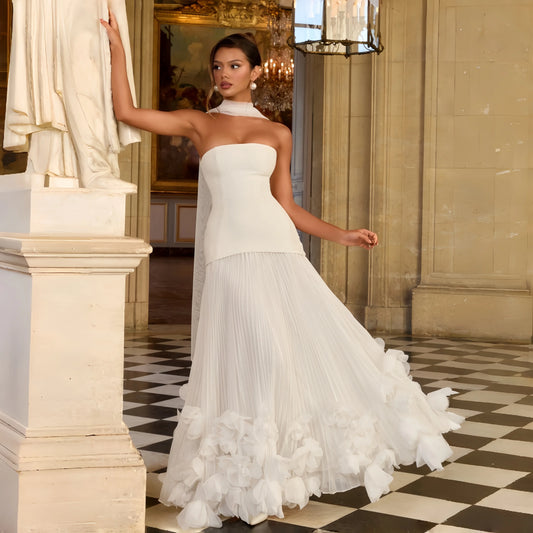 Women's Formal Evening Gowns Summer White Strapless Long Sash Back Handmade 3D Floral Sheer Long Gala Ceremony Dress