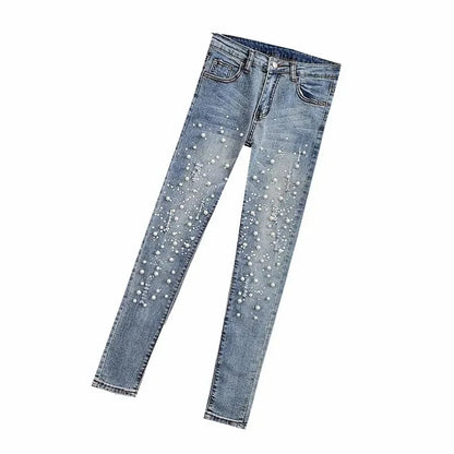 VWBQNZ Nailed Bead Jeans Women Spring/Summer New Versatile Hole Breaking Elastic Skinny Pencil Pants Female Casual Denim Pants