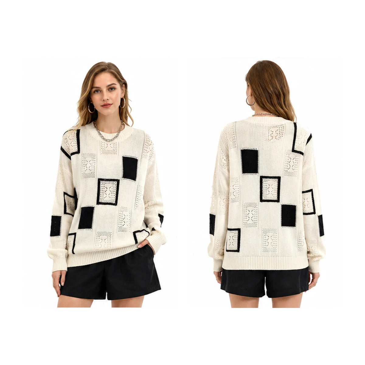 Color Block Square Patchwork Knit Sweater for Women, Hollow Cable Knit Crew Neck Long Sleeve Pullover, Loose Drop Shoulder Casual Jumper for Fall Winter