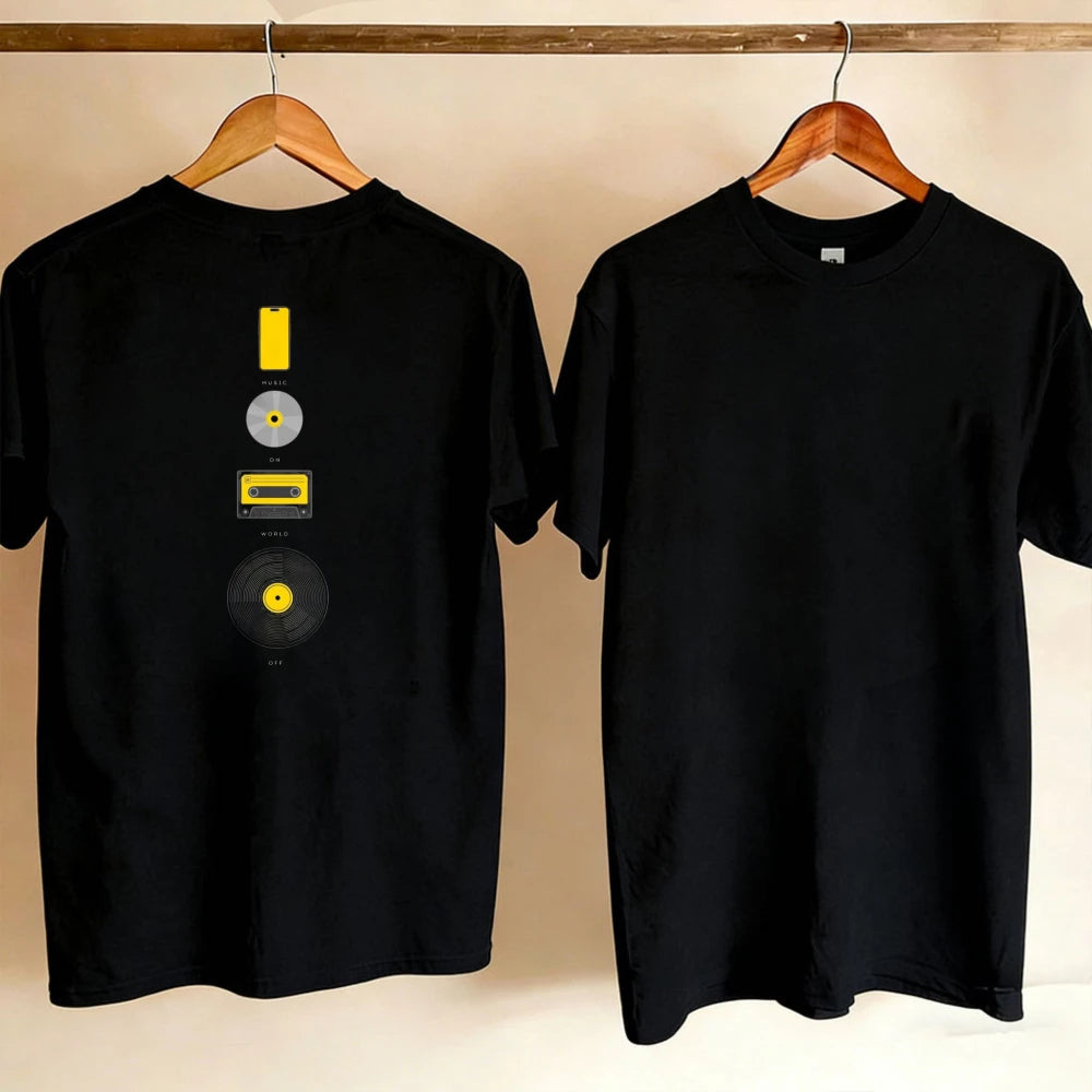 Music Evolution Media Vertical Graphic T-Shirt Men Back Print Cotton Short Sleeve Vinyl Cassette CD Phone Nostalgia Casual Tee