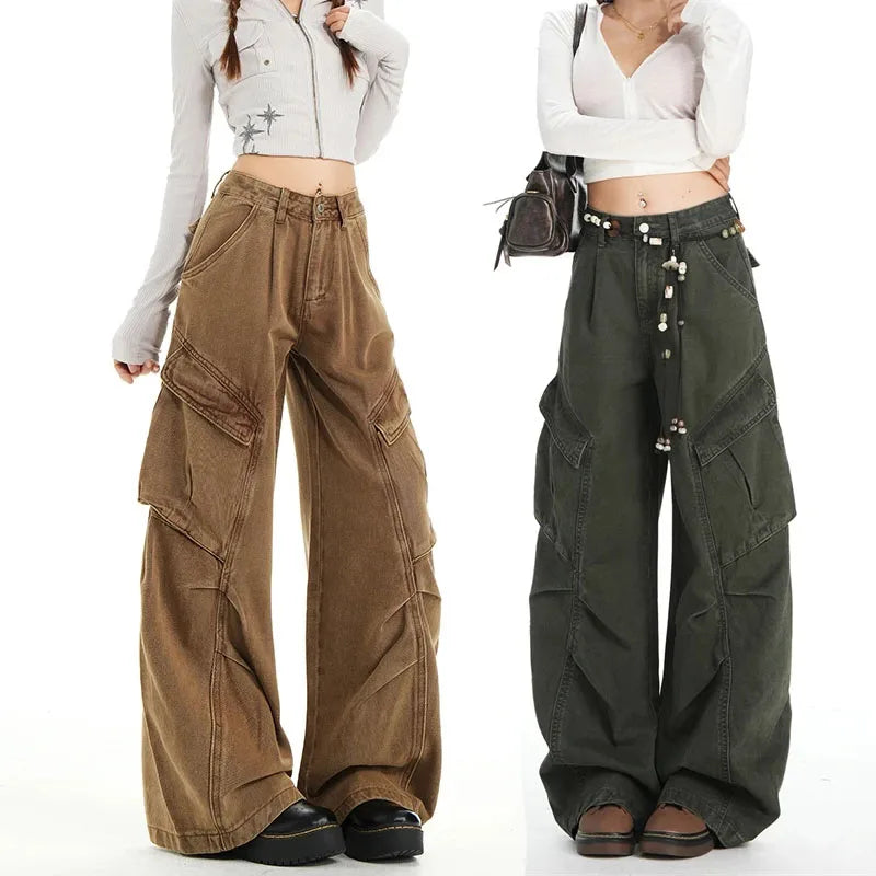 Retro Casual High Waisted Baggy Cargo Jeans Women Washed Distressed Wide Leg Pants Brown Denim Y2K Streetwear Vintage Trousers