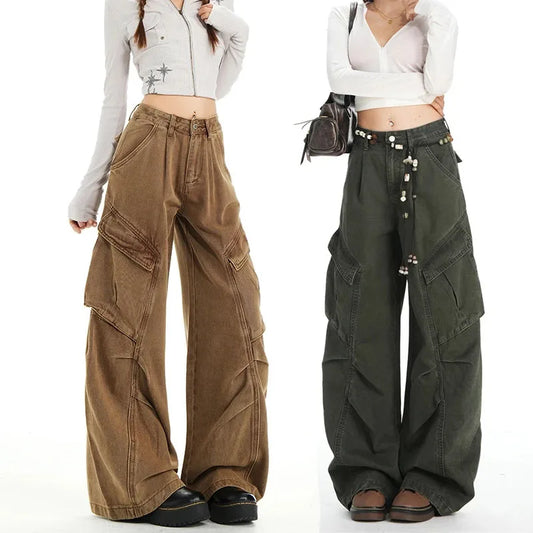 Retro Casual High Waisted Baggy Cargo Jeans Women Washed Distressed Wide Leg Pants Brown Denim Y2K Streetwear Vintage Trousers