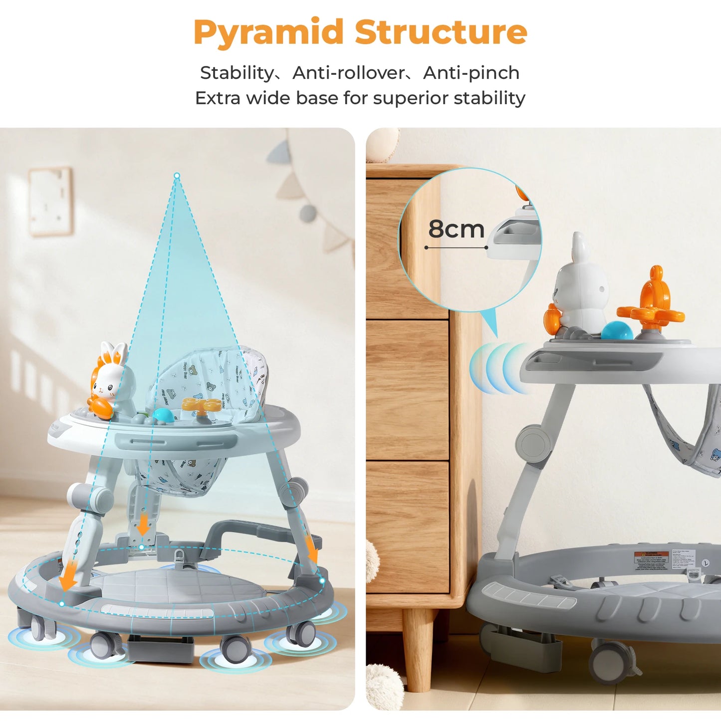Safety-Enhanced 4-In-1 Grow-With-Me Baby Walker & Play Center - Adjustable 8 Heights, Anti-Tip Base, 8 Silent Brake Wheels