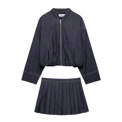 HH New Street Fashion Denim Bomber Jacket For Women Solid Color Stand Collar Zipper With Pocket Balloon Style Causal Coats
