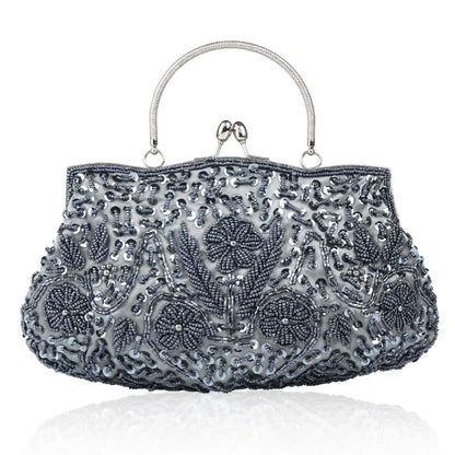 Evening Clutch Bag Handmade Beaded Floral Party Purse with Kiss Lock & Strap Glass Beads Polyester Blue Purple Grey