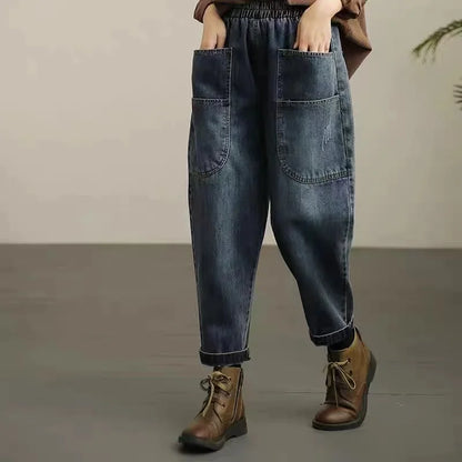 Spring Autumn New Women's Jeans Elastic Waist Loose Fit Slimming Casual